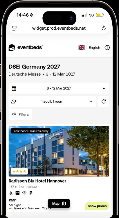 The EventBeds booking widget on mobile, showing an event and hotel result